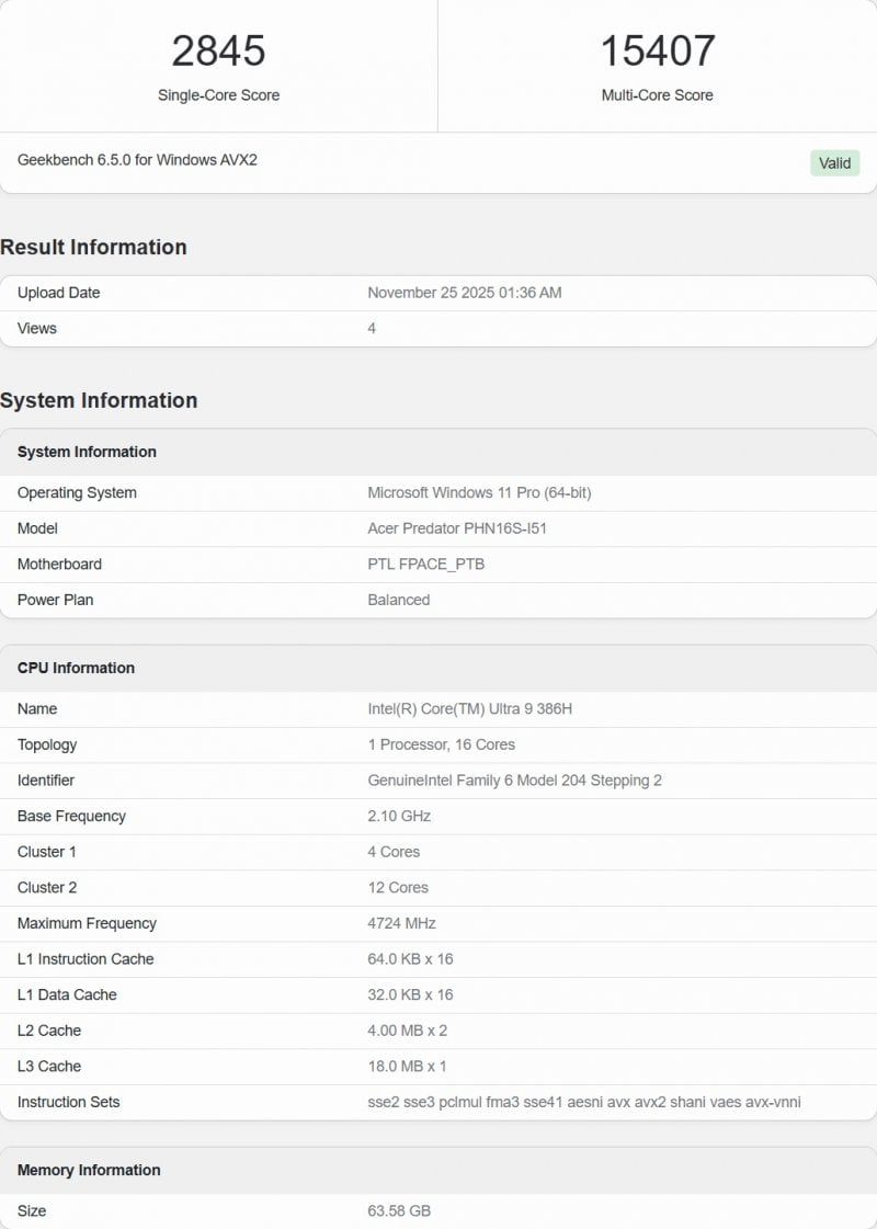 Testi in rezultati Intel Core Ultra 9 386H