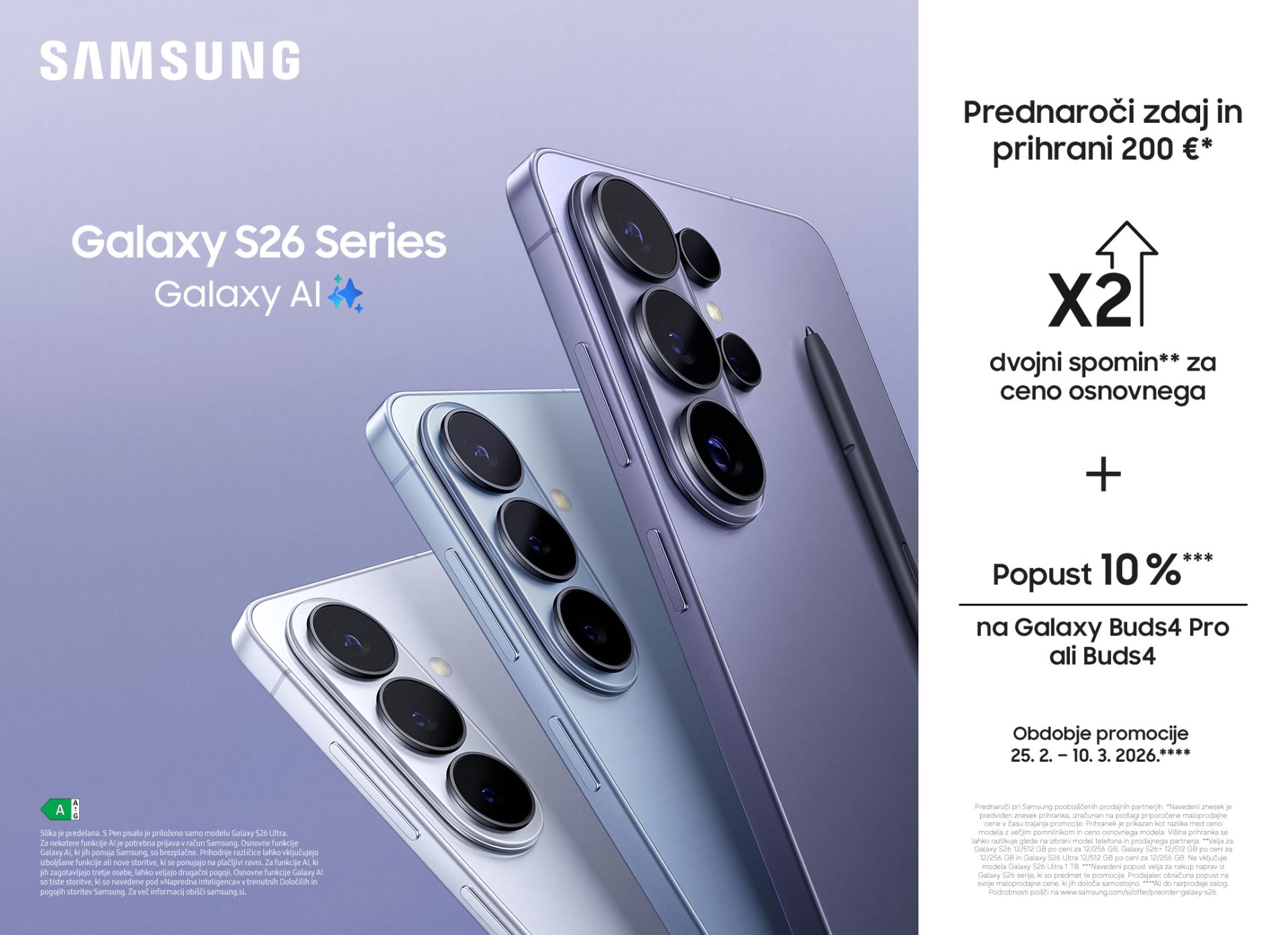 Ob prednaročilu nove serije Galaxy S26 se shramba samodejno nadgradi na naslednjo stopnjo. Če izberete model s 256 GB, boste prejeli različico s 512 GB