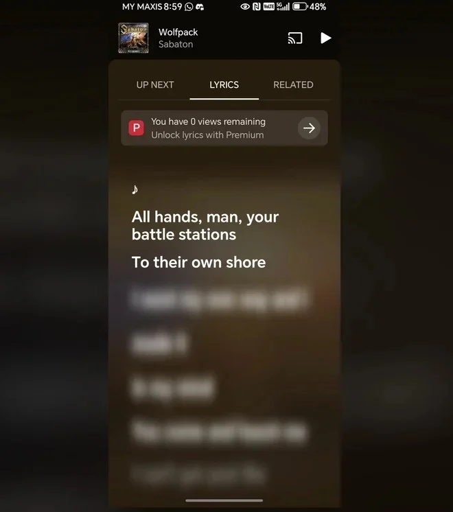 YouTube Music zaklepa besedila pesmi